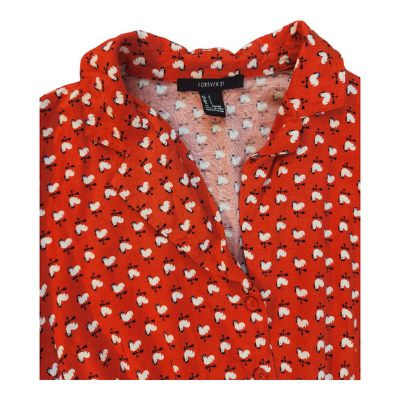 Forever 21 rooster / chicken print red mini dress sz small v neck w collar - Picture 5 of 13